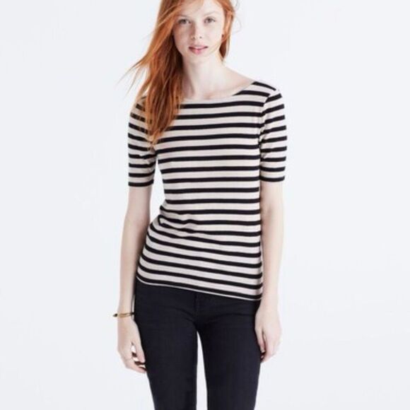 Madewell Women's XL Black Striped Scoop-Back Tee Short Sleeve Casual - Picture 1 of 7